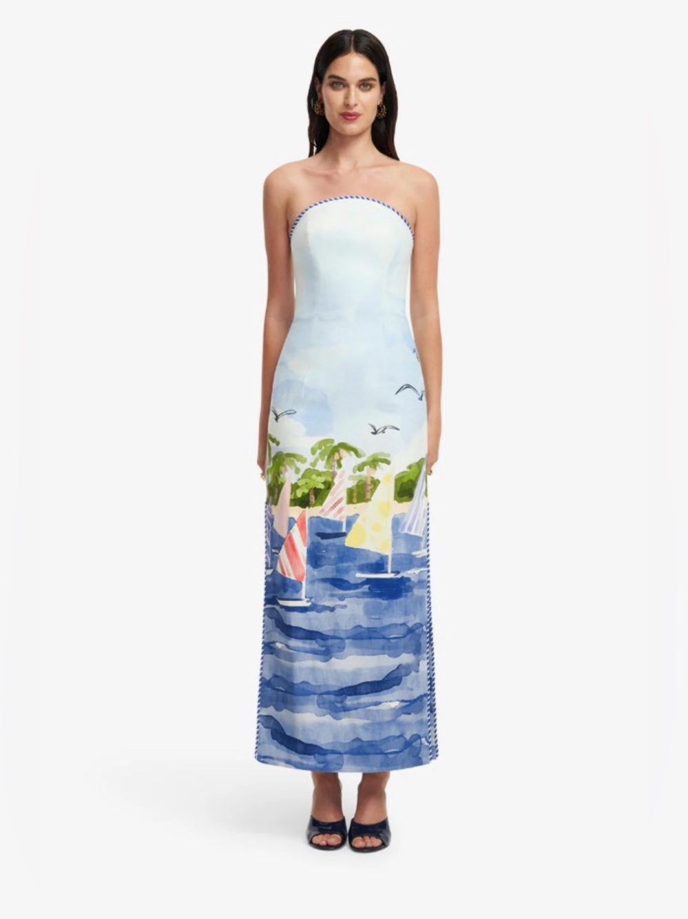 Leo Lin Sailing Ships Print Linen Ava Bustier Strapless Gown AU8/US4 NWT
